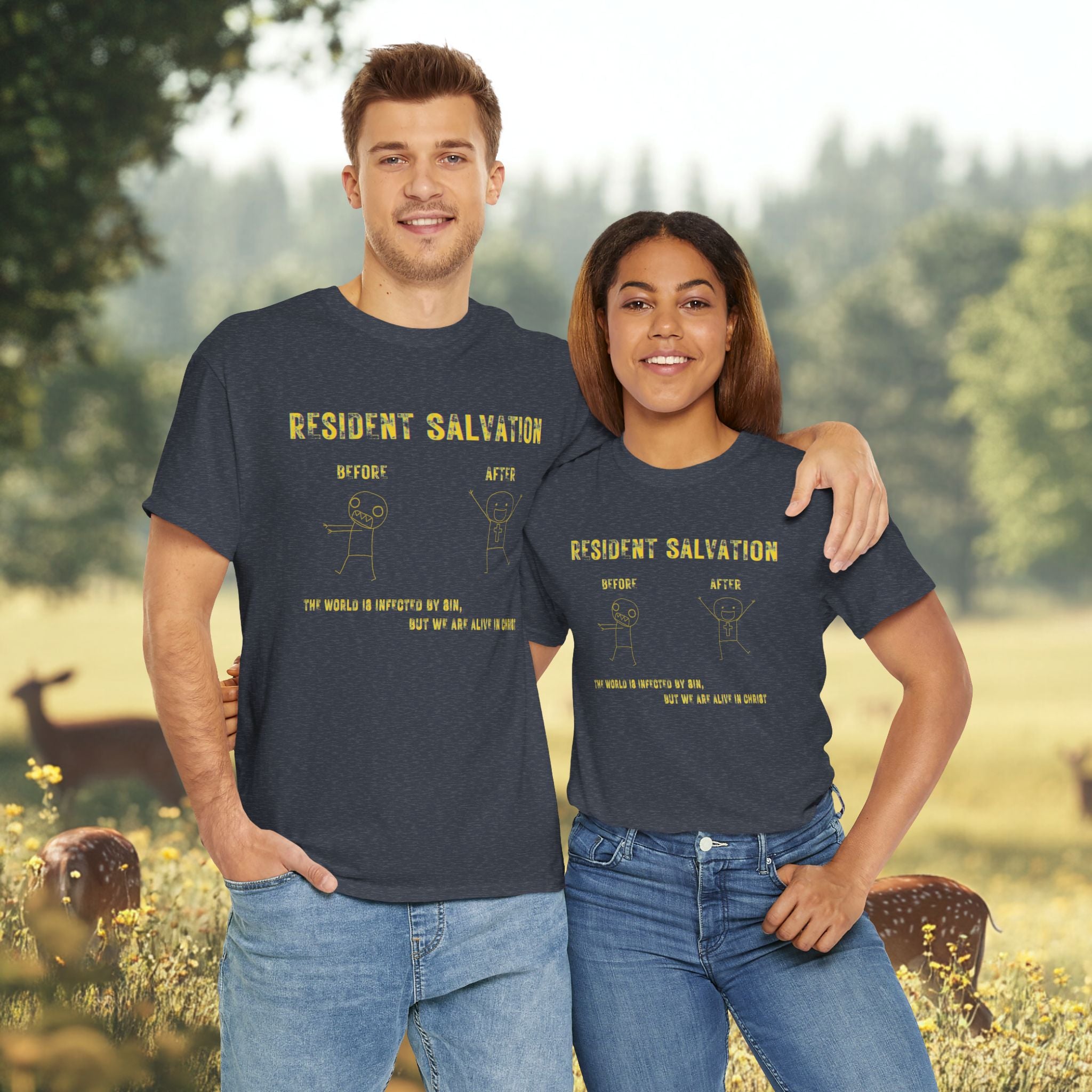 Resident Salvation T-Shirt –THE WORLD IS INFECTED BY SIN, BUT WE ARE ALIVE IN CHRIST