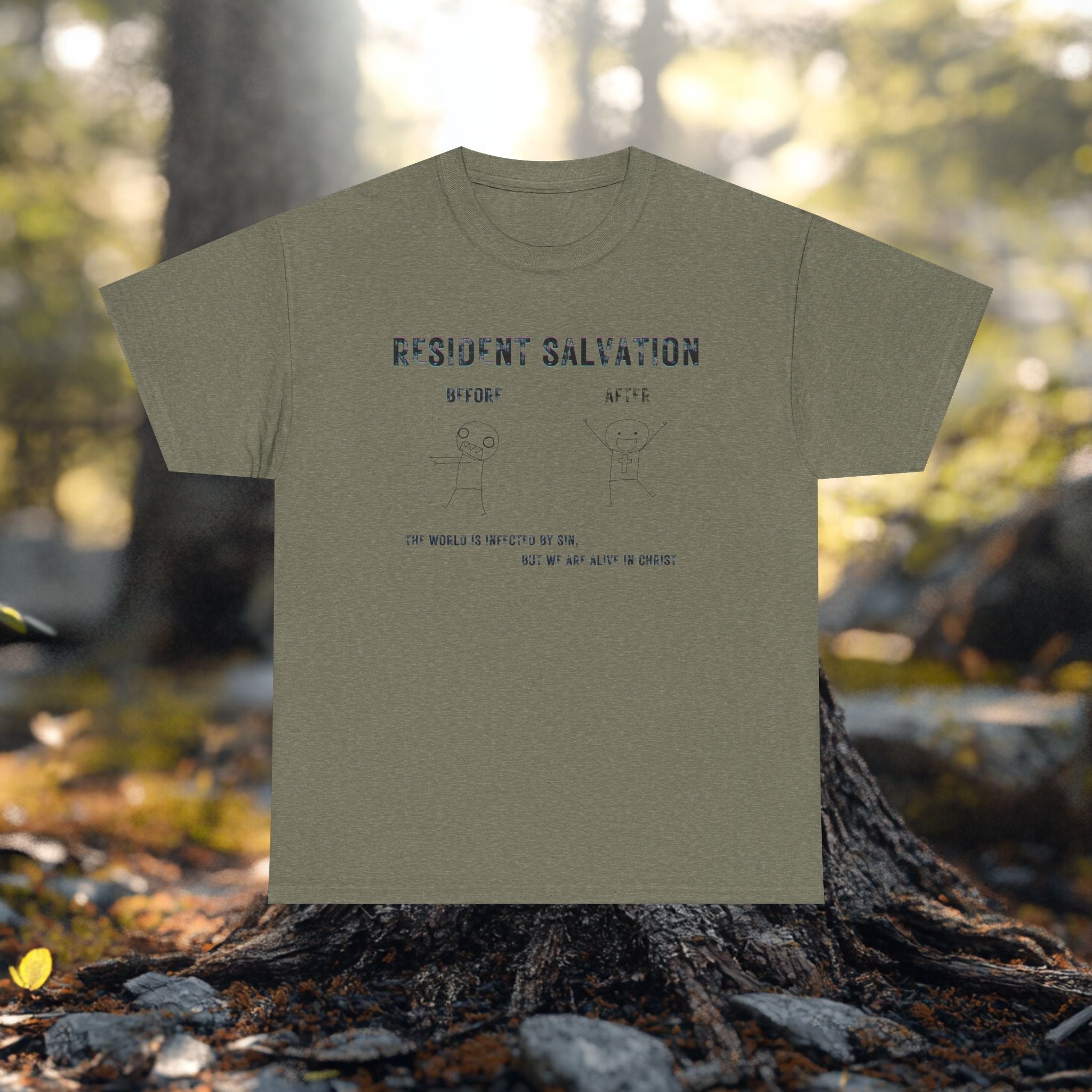 Resident Salvation T-Shirt –THE WORLD IS INFECTED BY SIN, BUT WE ARE ALIVE IN CHRIST