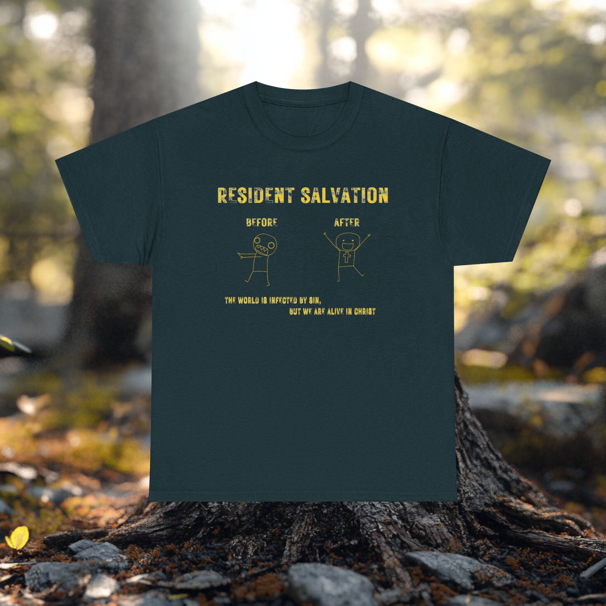 Resident Salvation T-Shirt –THE WORLD IS INFECTED BY SIN, BUT WE ARE ALIVE IN CHRIST