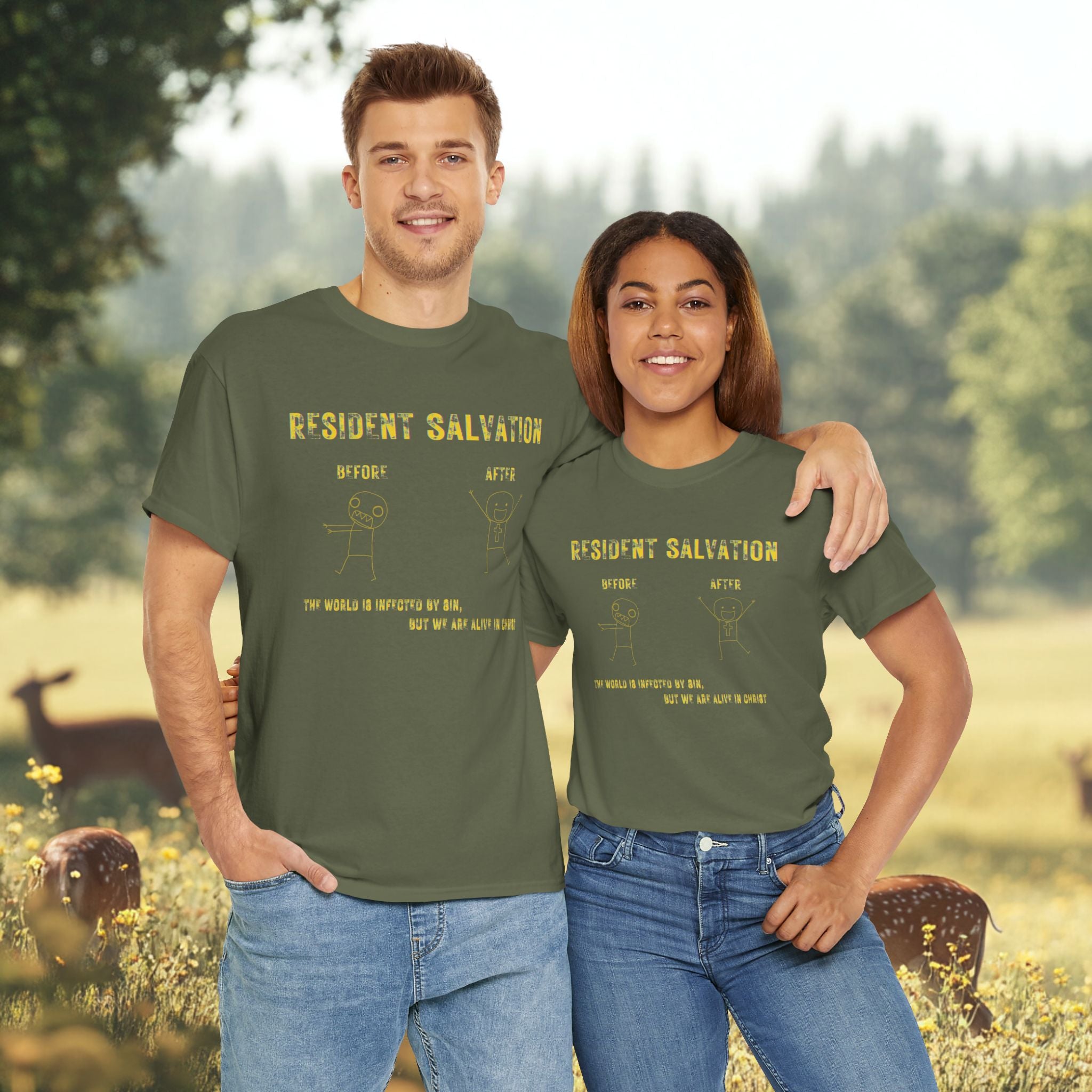 Resident Salvation T-Shirt –THE WORLD IS INFECTED BY SIN, BUT WE ARE ALIVE IN CHRIST