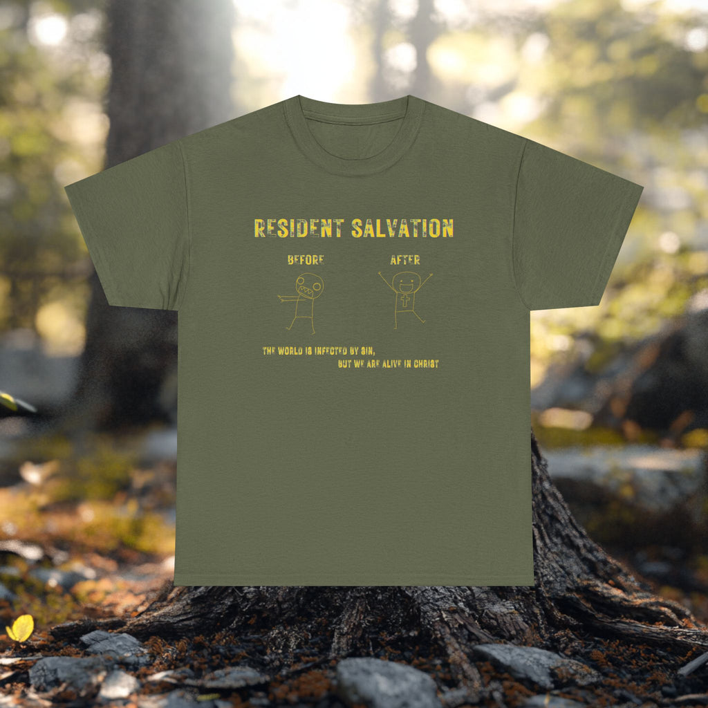 Resident Salvation T-Shirt –THE WORLD IS INFECTED BY SIN, BUT WE ARE ALIVE IN CHRIST