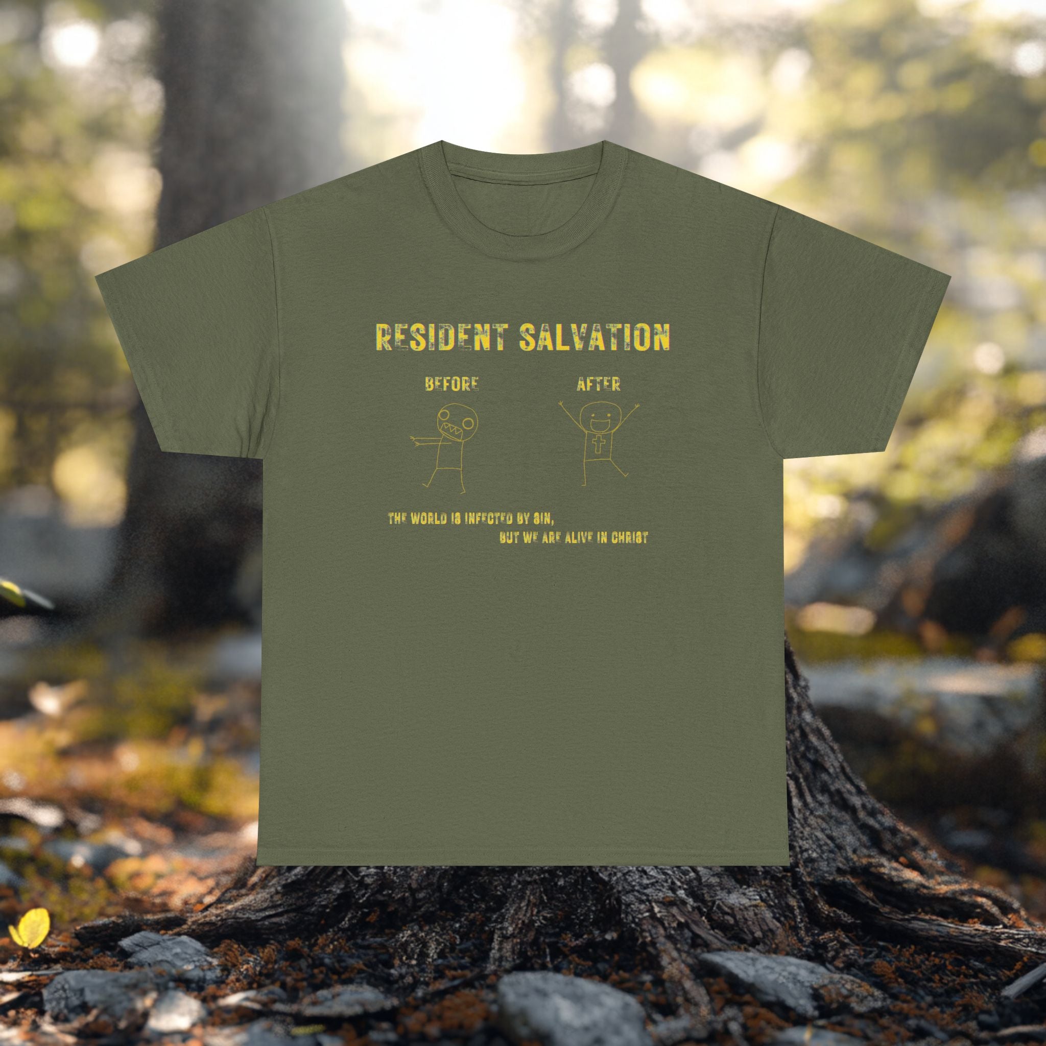 Resident Salvation T-Shirt –THE WORLD IS INFECTED BY SIN, BUT WE ARE ALIVE IN CHRIST