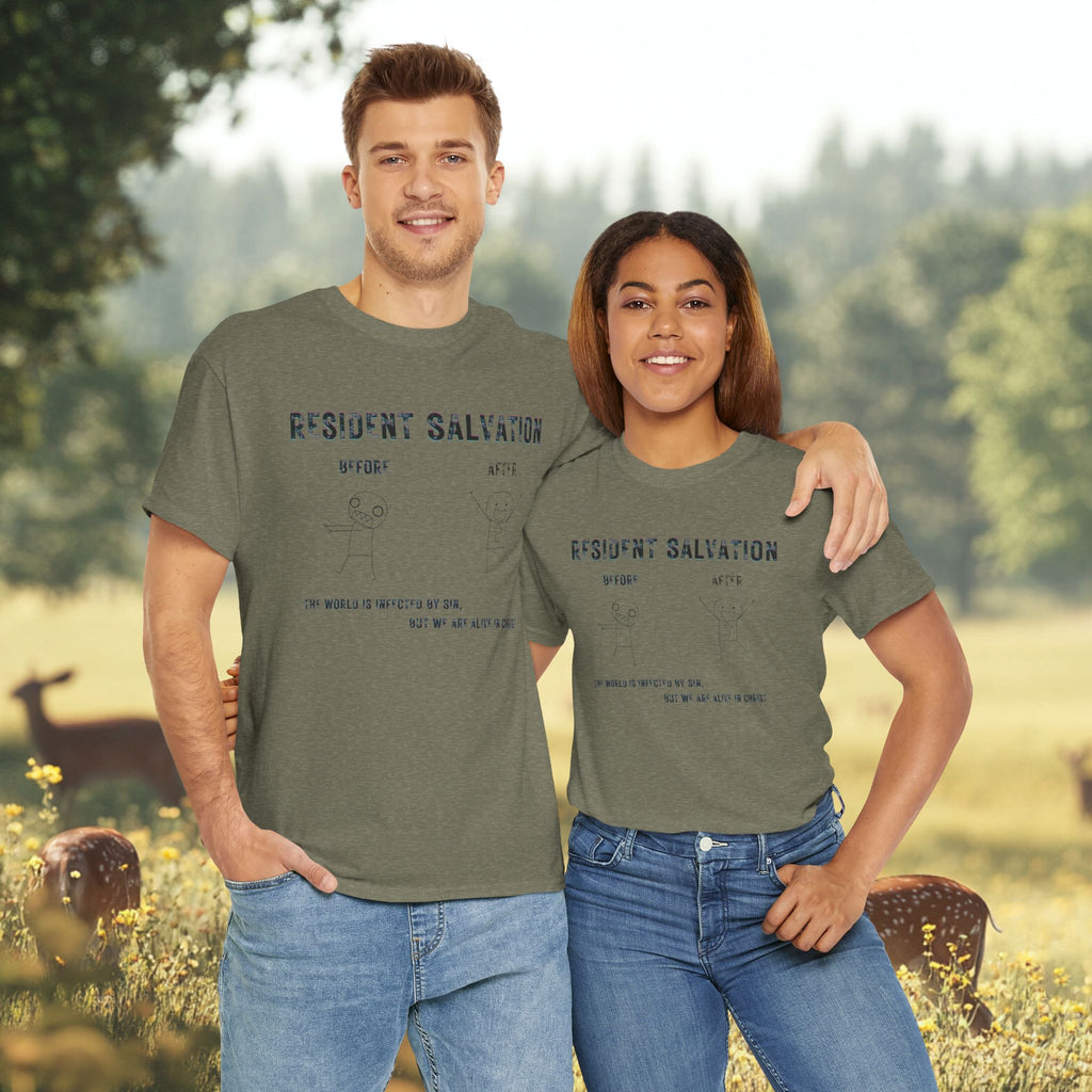 Resident Salvation T-Shirt –THE WORLD IS INFECTED BY SIN, BUT WE ARE ALIVE IN CHRIST