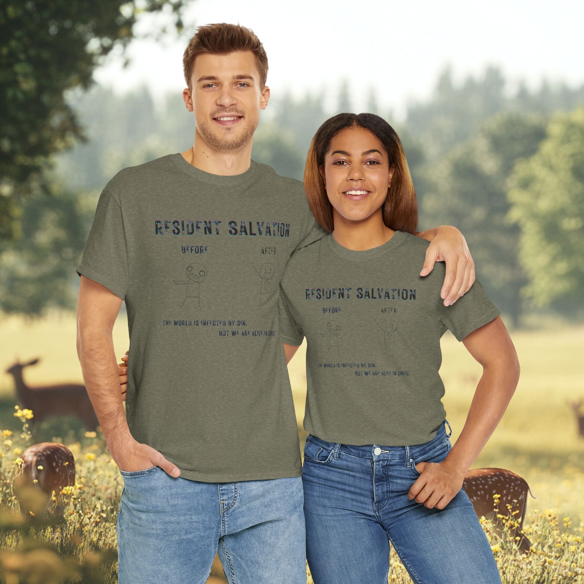 Resident Salvation T-Shirt –THE WORLD IS INFECTED BY SIN, BUT WE ARE ALIVE IN CHRIST