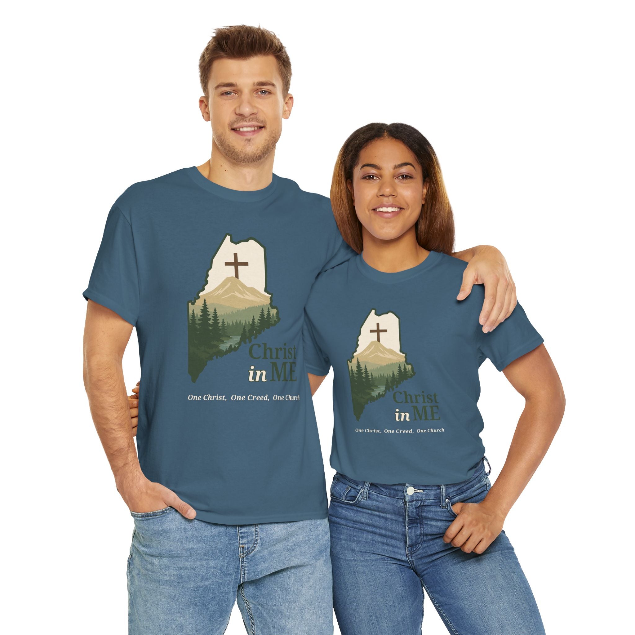 Christ in ME Christian T-Shirt Maine State Outline – Bold Faith - One Christ, One Creed, One Church