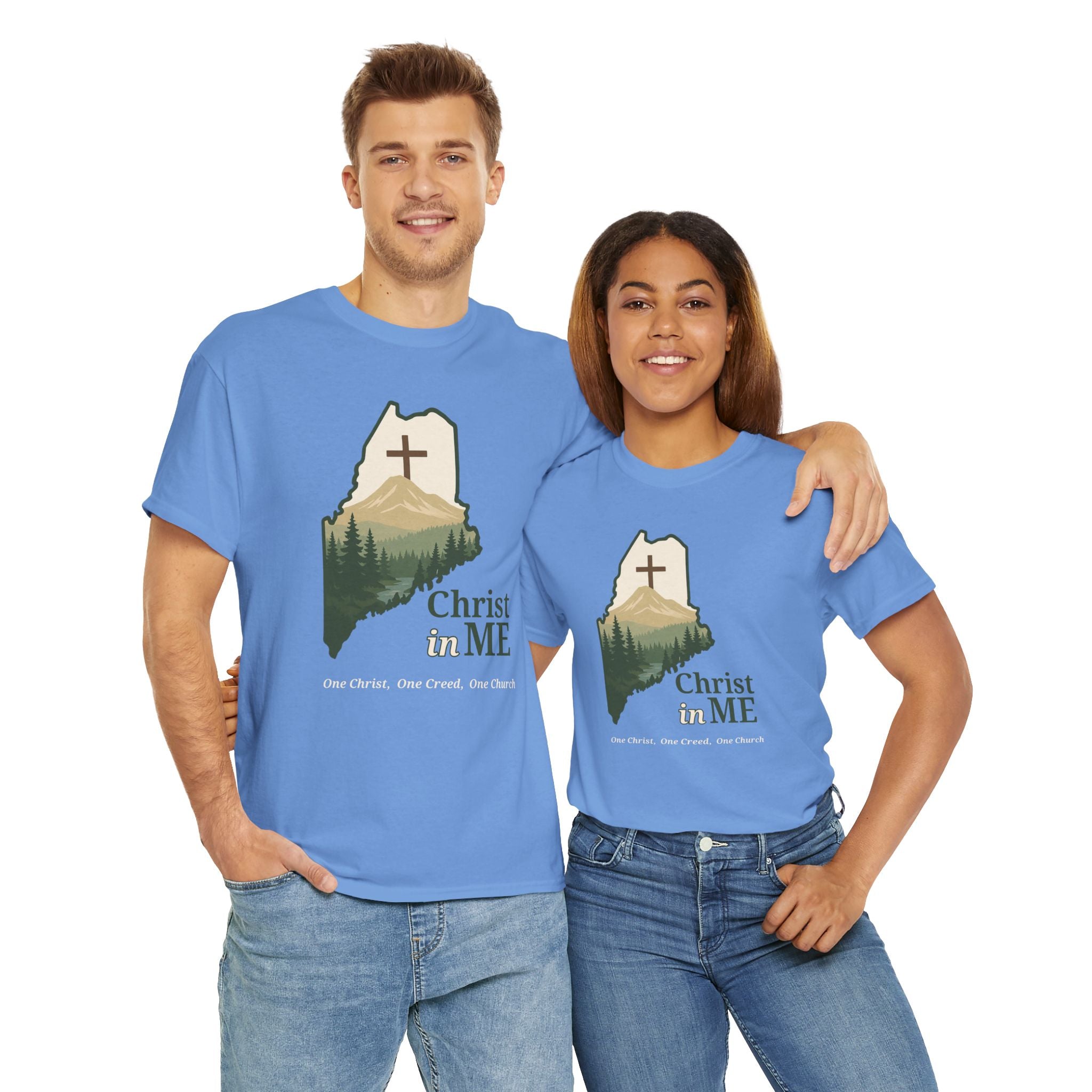Christ in ME Christian T-Shirt Maine State Outline – Bold Faith - One Christ, One Creed, One Church