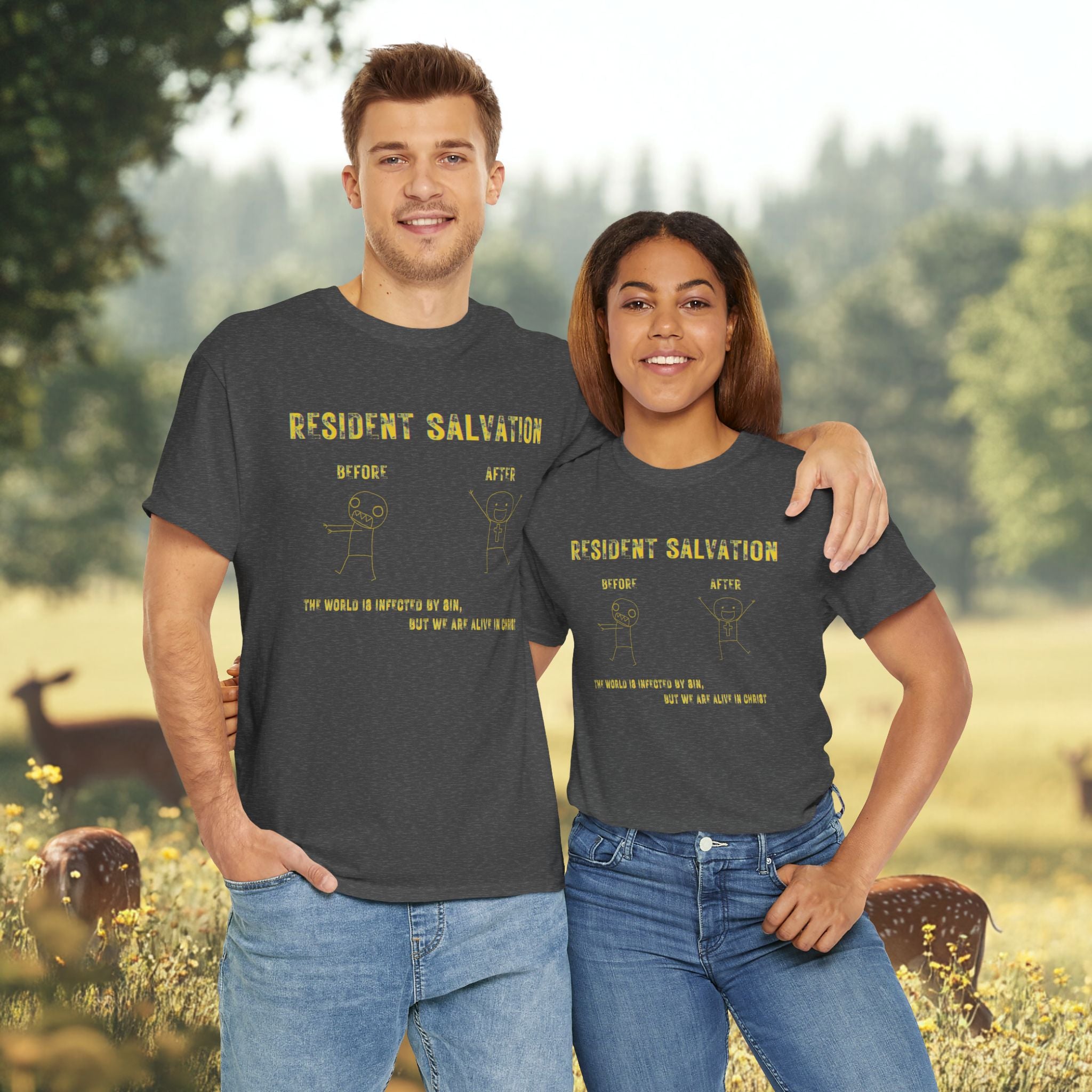 Resident Salvation T-Shirt –THE WORLD IS INFECTED BY SIN, BUT WE ARE ALIVE IN CHRIST