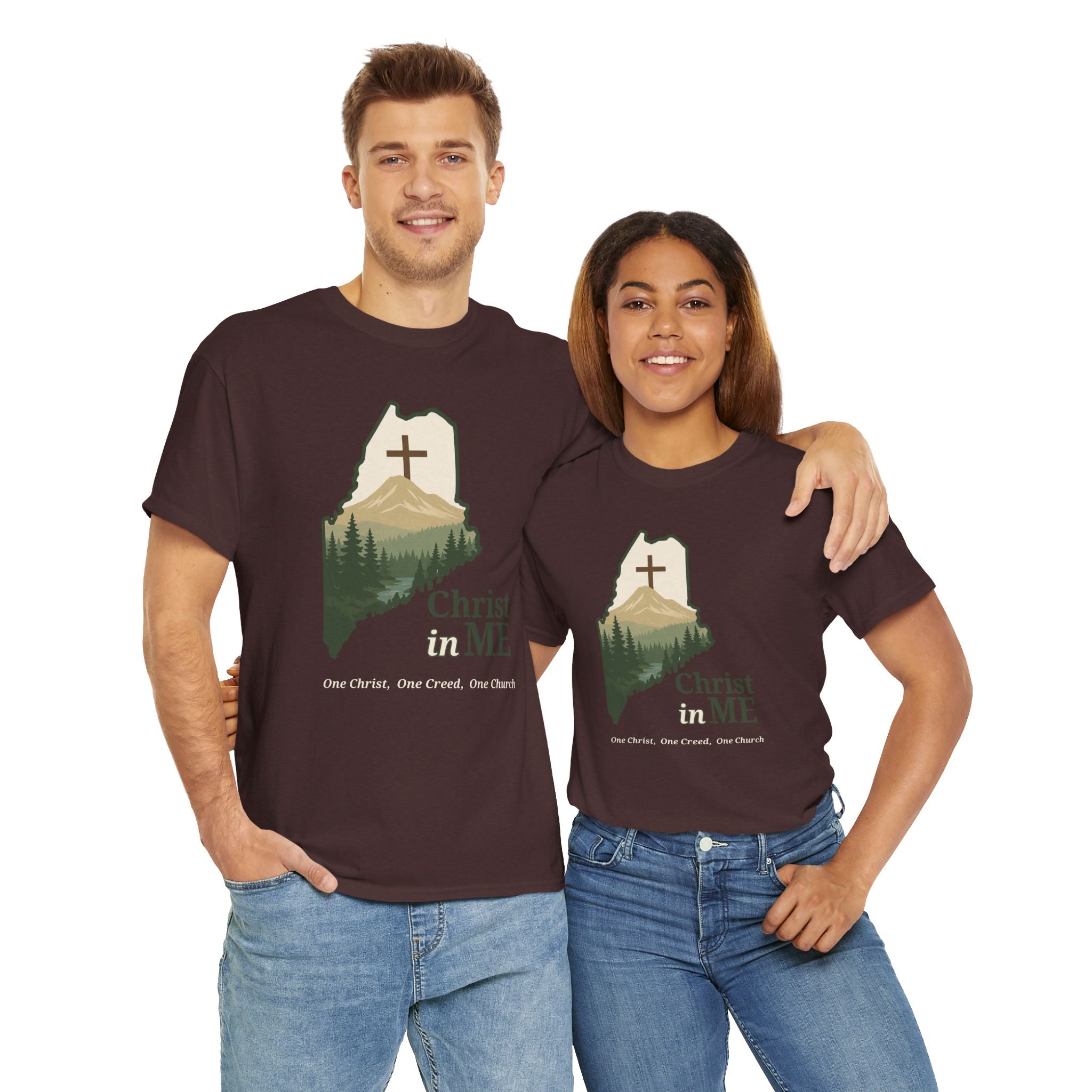 Christ in ME Christian T-Shirt Maine State Outline – Bold Faith - One Christ, One Creed, One Church