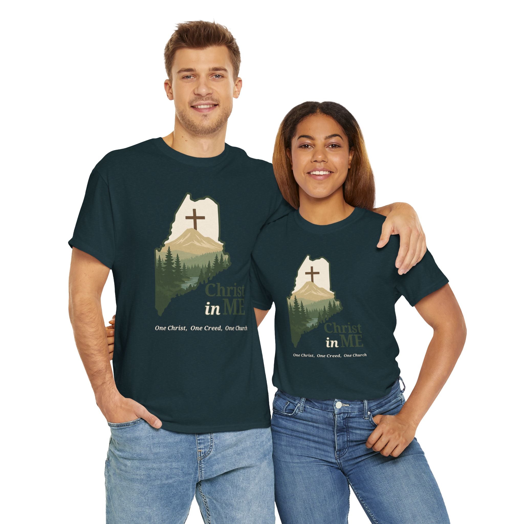 Christ in ME Christian T-Shirt Maine State Outline – Bold Faith - One Christ, One Creed, One Church