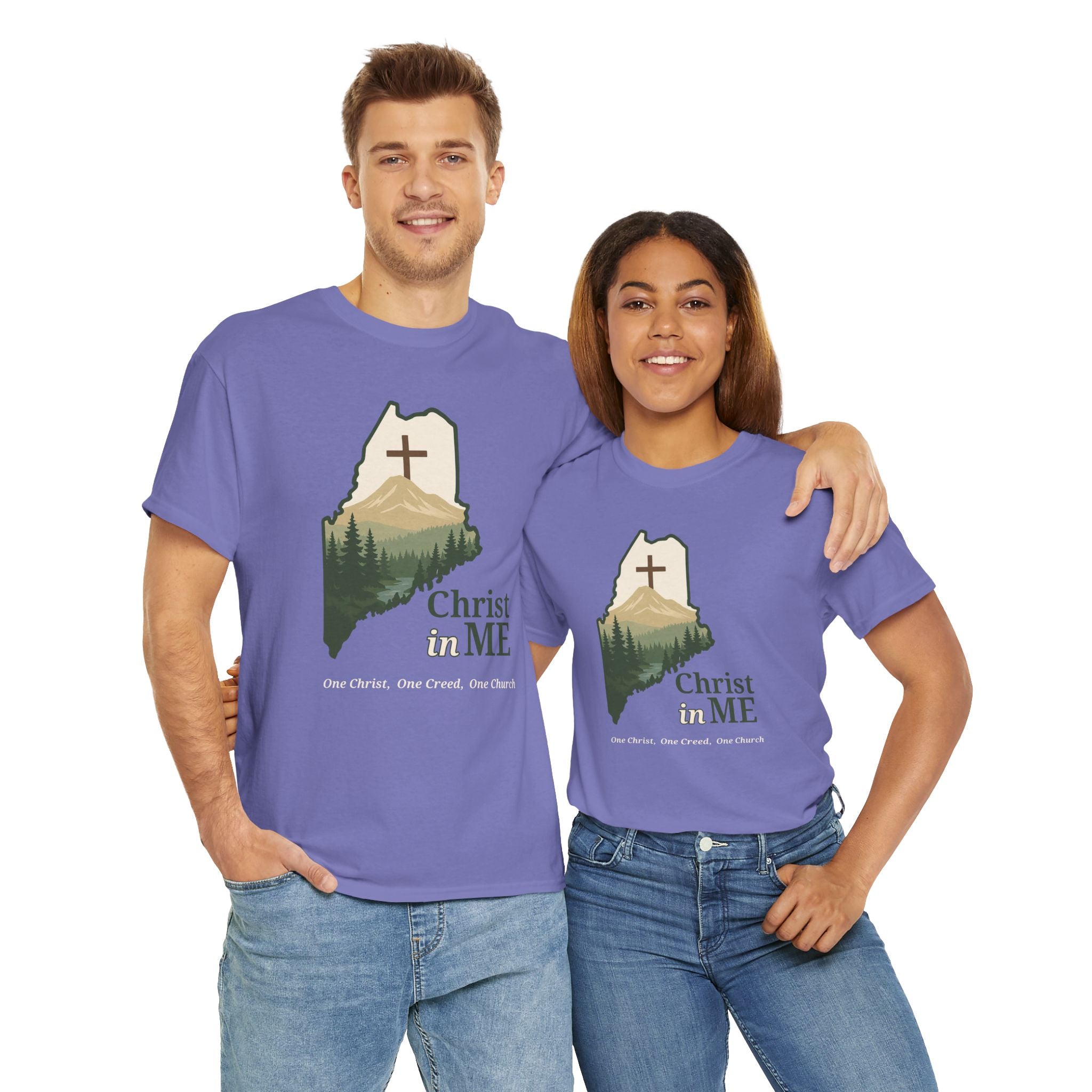 Christ in ME Christian T-Shirt Maine State Outline – Bold Faith - One Christ, One Creed, One Church