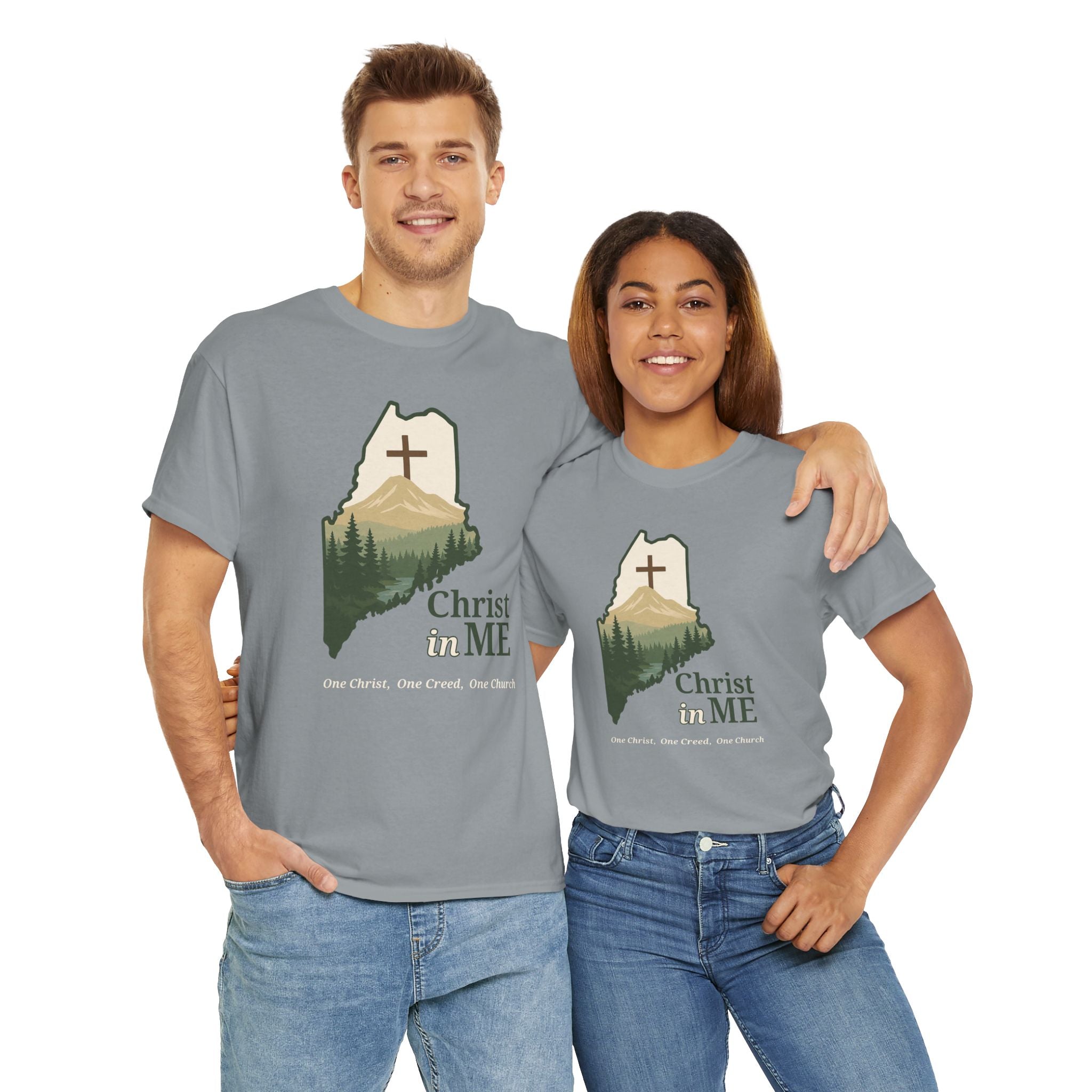 Christ in ME Christian T-Shirt Maine State Outline – Bold Faith - One Christ, One Creed, One Church