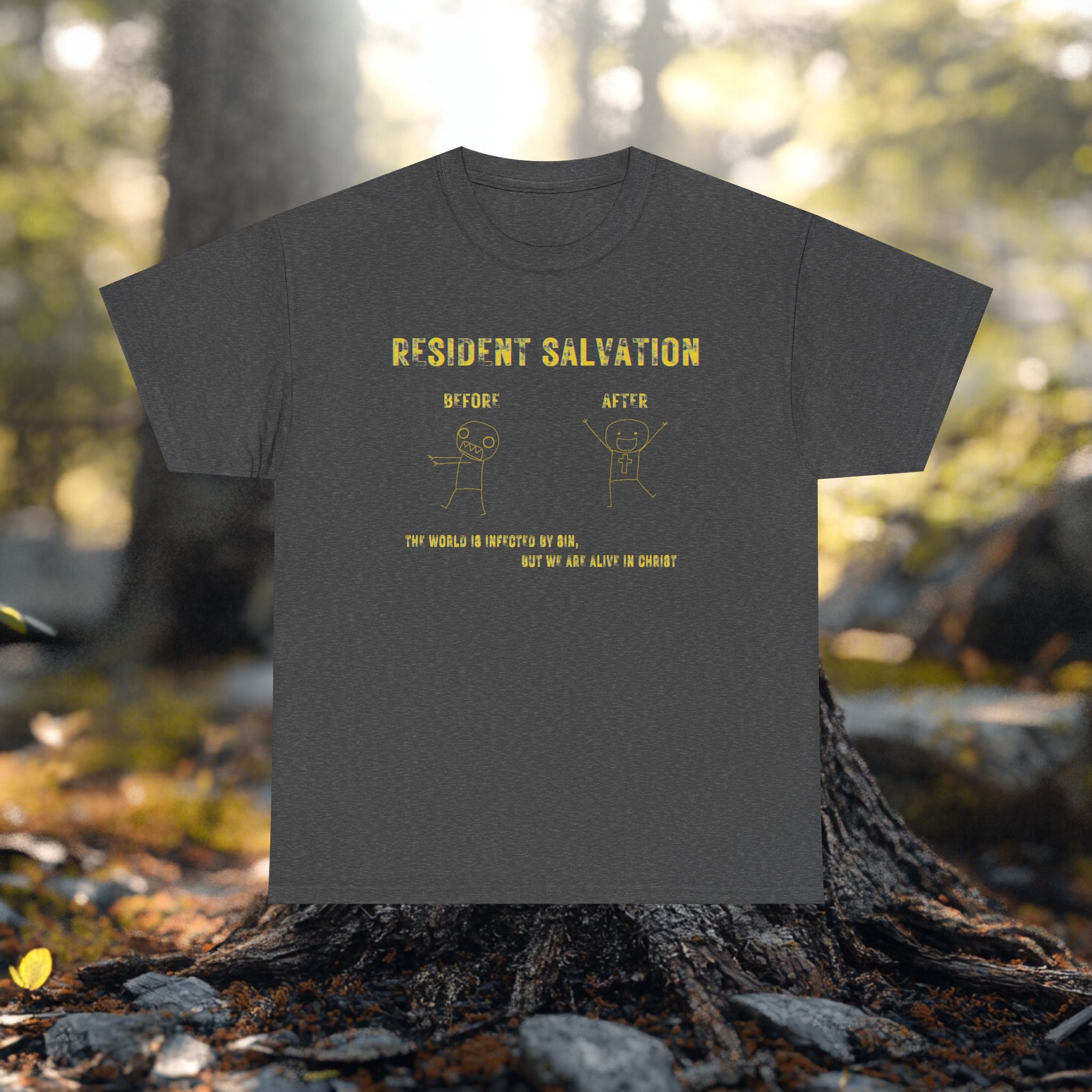 Resident Salvation T-Shirt –THE WORLD IS INFECTED BY SIN, BUT WE ARE ALIVE IN CHRIST