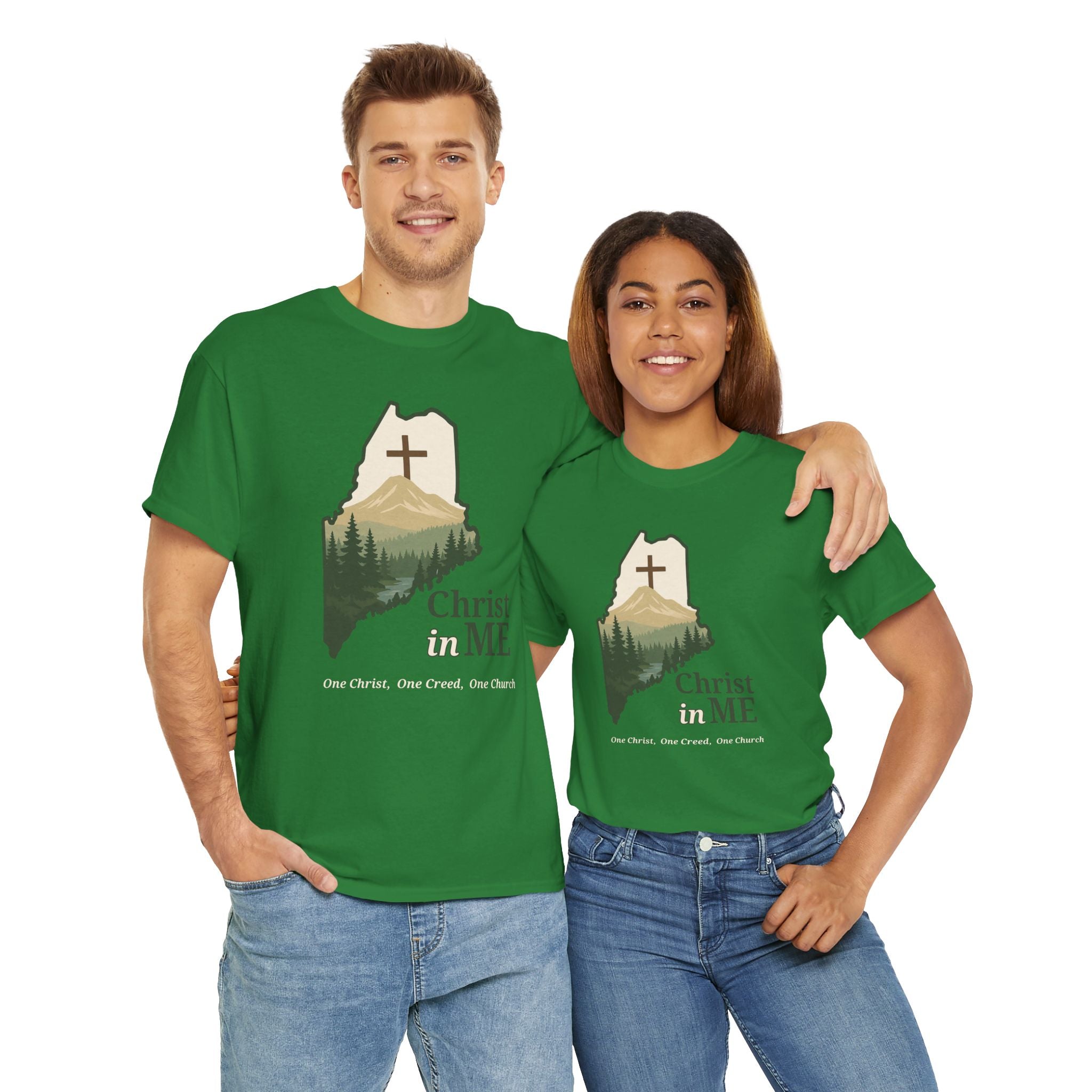 Christ in ME Christian T-Shirt Maine State Outline – Bold Faith - One Christ, One Creed, One Church