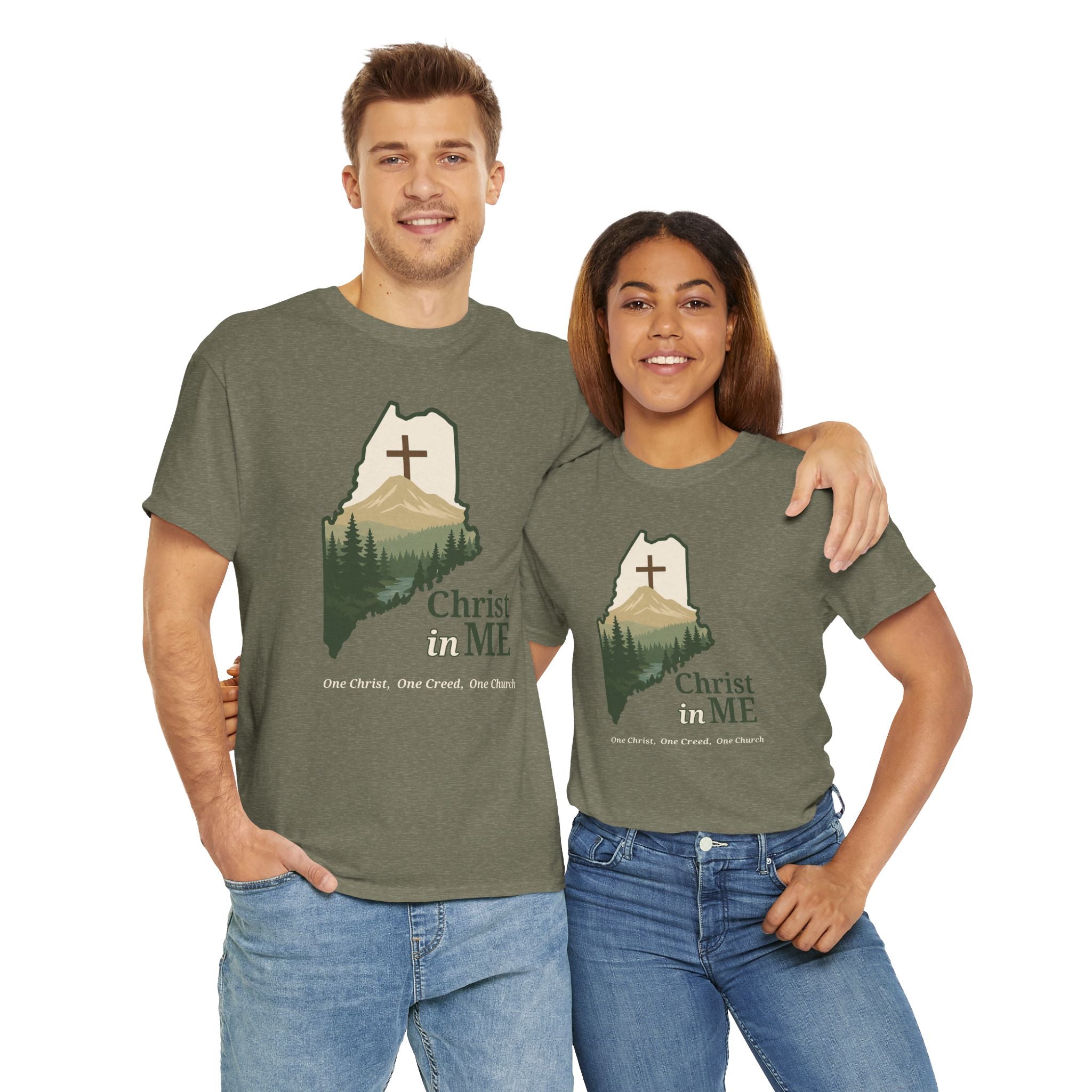Christ in ME Christian T-Shirt Maine State Outline – Bold Faith - One Christ, One Creed, One Church