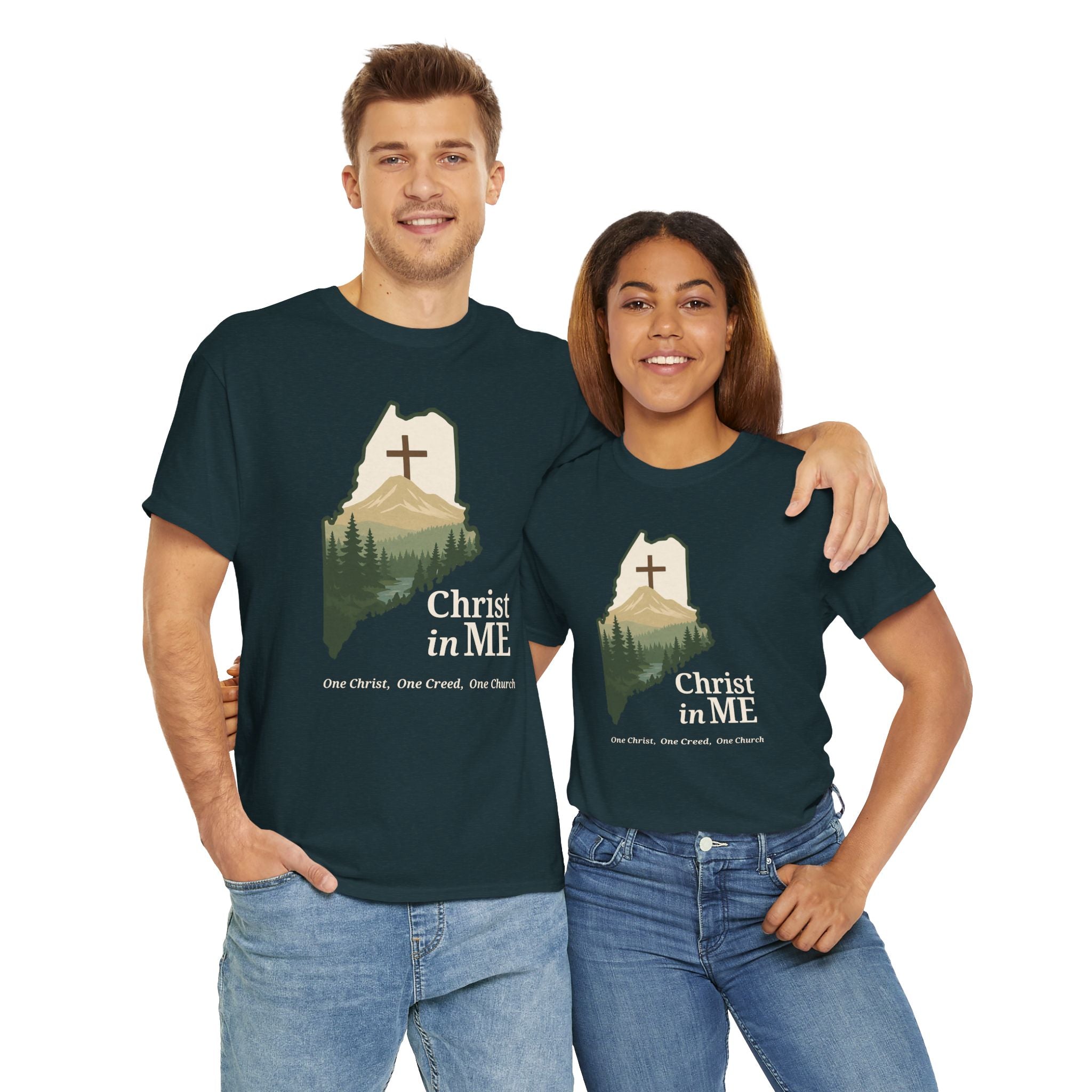 Christ in ME Christian T-Shirt Maine State Outline – Bold Faith - One Christ, One Creed, One Church